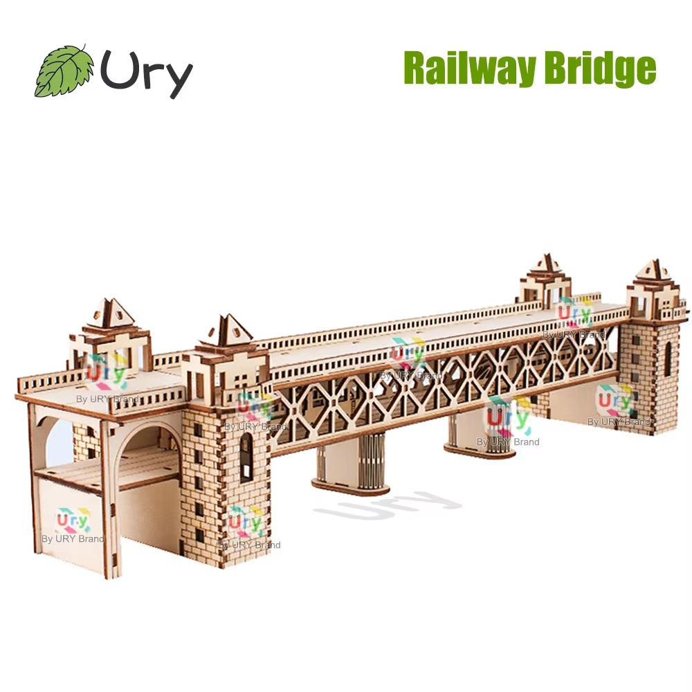 3D Wooden Puzzle Retro Steam Train with Track Railway Bridge Handmade Assembly Truck Model DIY Toys Decoration Gift for Kids