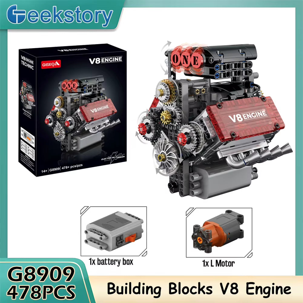478PCS Motorized V8 Engine Building Blocks Set with L Motor AA Battery Box - DIY Simulation Model Car Parts for Kids Adults Gift