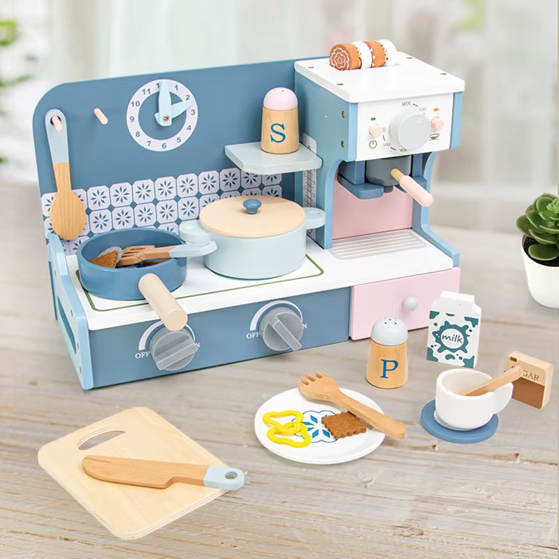 Kids Wooden Play Kitchen Set - Miniature Stove with Cutting Food Vegetables & Pots Pretend Play Toy