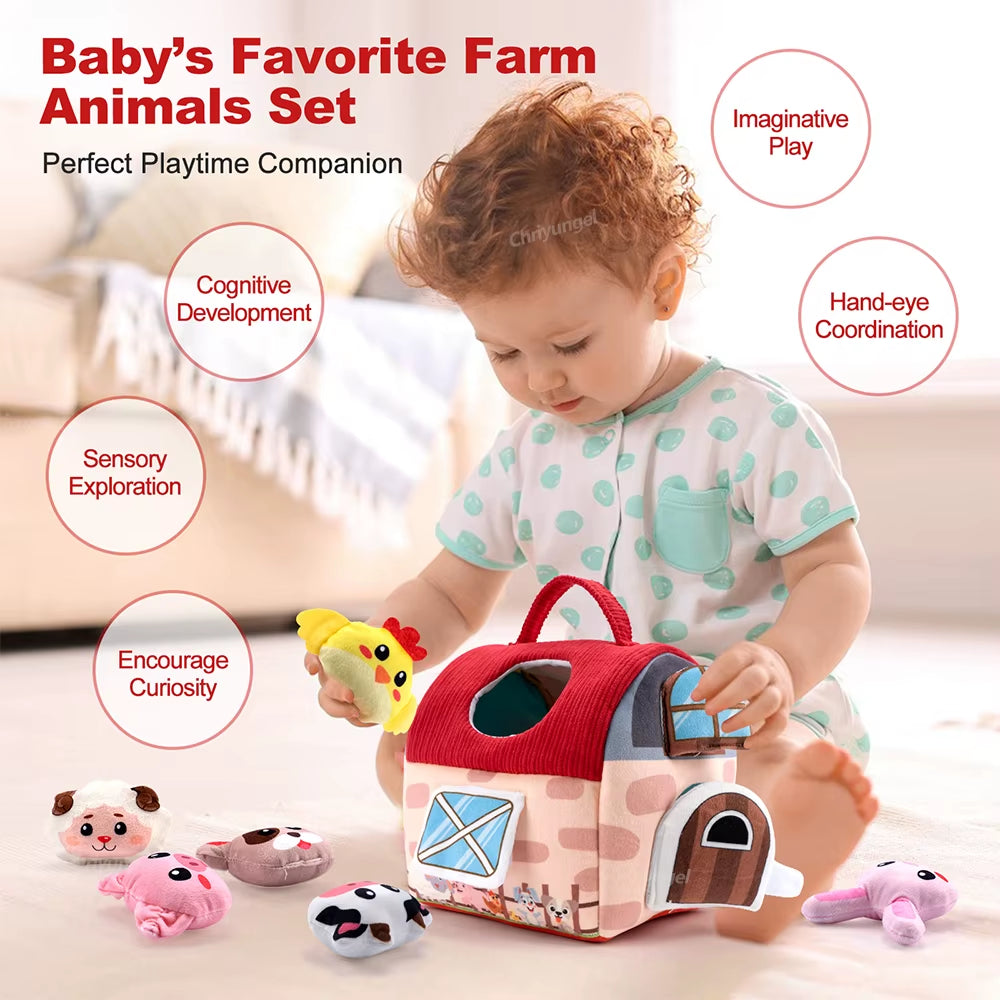 Plush Barn with Farm Animals Baby Toys Sensory Montessori Toy Portable Baby Farmhouse Toy for Infants Toddlers Newborn Gifts