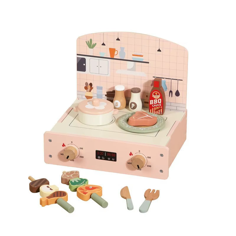 Kids Wooden Play Kitchen Set - Miniature Stove with Cutting Food Vegetables & Pots Pretend Play Toy