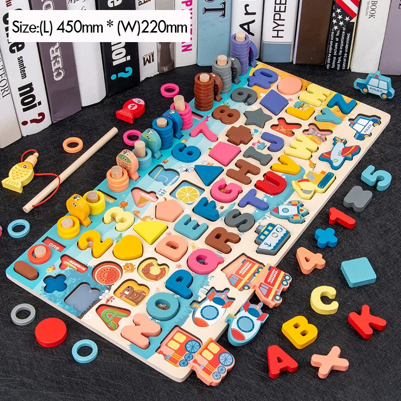 Kids Montessori Math Toys for Toddlers Educational Wooden Puzzle Fishing Toys Count Number Shape Matching Sorter Games Board Toy