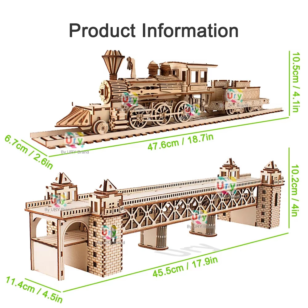 3D Wooden Puzzle Retro Steam Train with Track Railway Bridge Handmade Assembly Truck Model DIY Toys Decoration Gift for Kids
