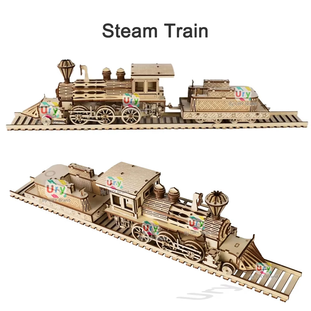 3D Wooden Puzzle Retro Steam Train with Track Railway Bridge Handmade Assembly Truck Model DIY Toys Decoration Gift for Kids