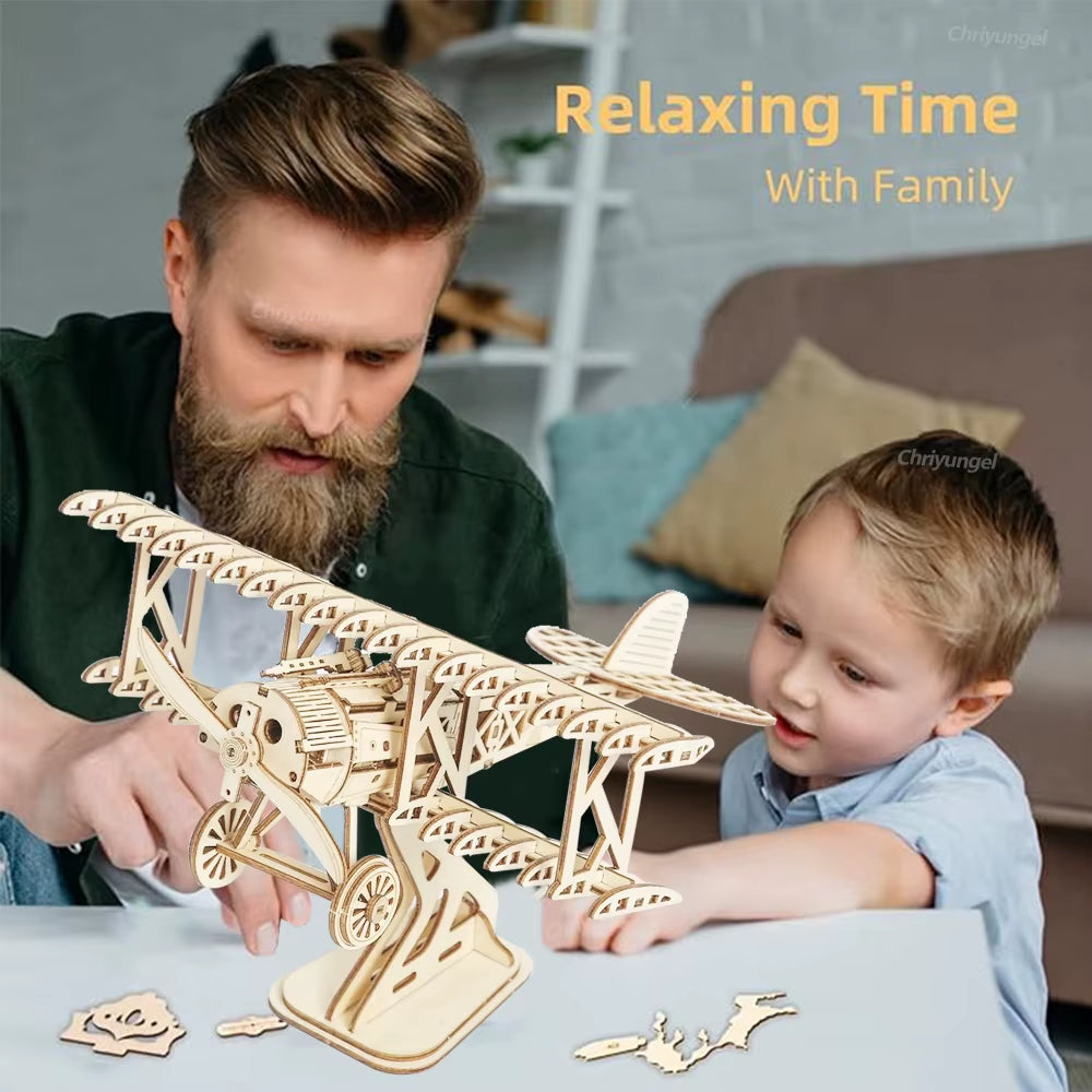 3D Wooden Puzzle Aircraft Model Kit DIY Assembly Bi-Plane Building Kits Home Decor Crafts Gift for Adults Kids Teen