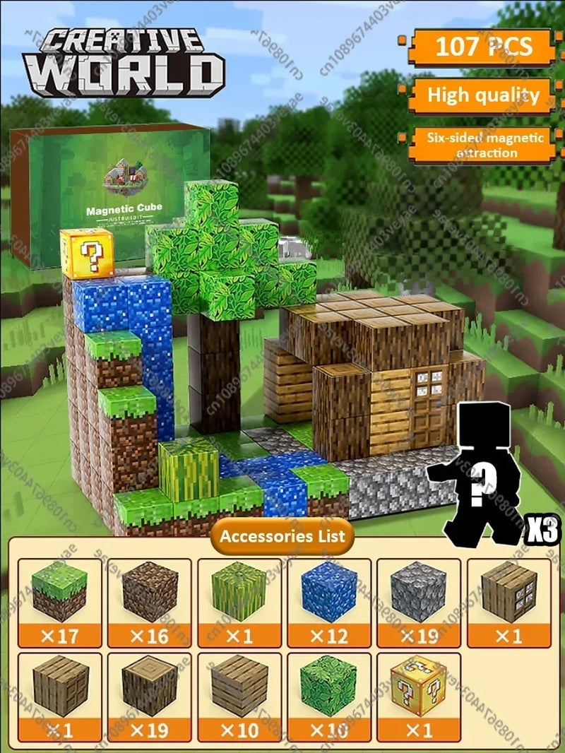 Magnetic Building Blocks Mine World Magnet Cube Set for Boy Girl Kid Age 3+ DIY Model Children Stem Montessori Sensory Toys Gift