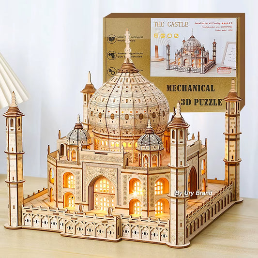 3D Wooden Puzzle House Royal Castle Taj Mahal with Light Assembly Toy for Kids Adult DIY Model Kits Desk Decoration for Gifts