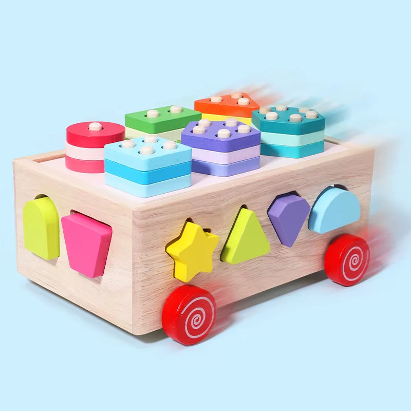 Wooden Shapes Sort Car Toys Montessori Early Education Puzzles Sorter Matching Blocks Box Game Holiday Gifts for Children