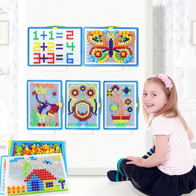 296 Pieces/Set Box-Packed Grain Mushroom Nail Beads Intelligent 3D Puzzle Games Jigsaw Board for Children Kids Educational Toys