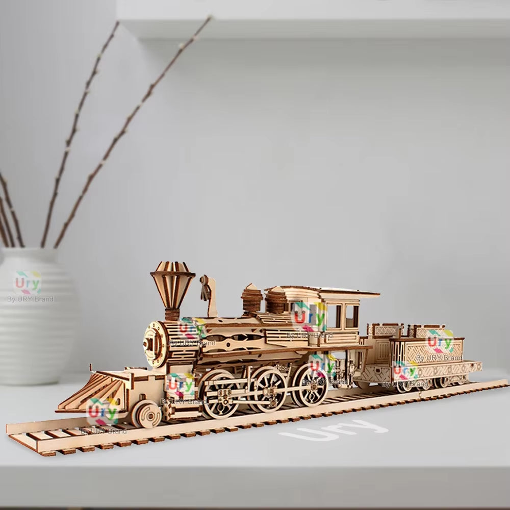 3D Wooden Puzzle Retro Steam Train with Track Railway Bridge Handmade Assembly Truck Model DIY Toys Decoration Gift for Kids