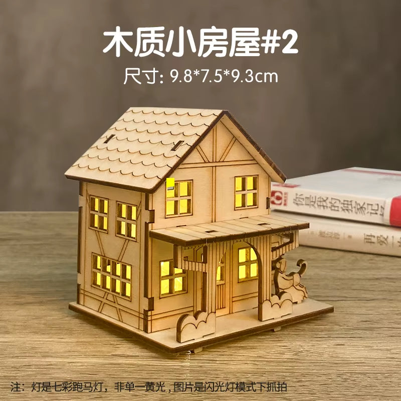 3D LED Light Wooden House Puzzle DIY Building Model Kit Jigsaw Toy for Kids Christmas Decorations