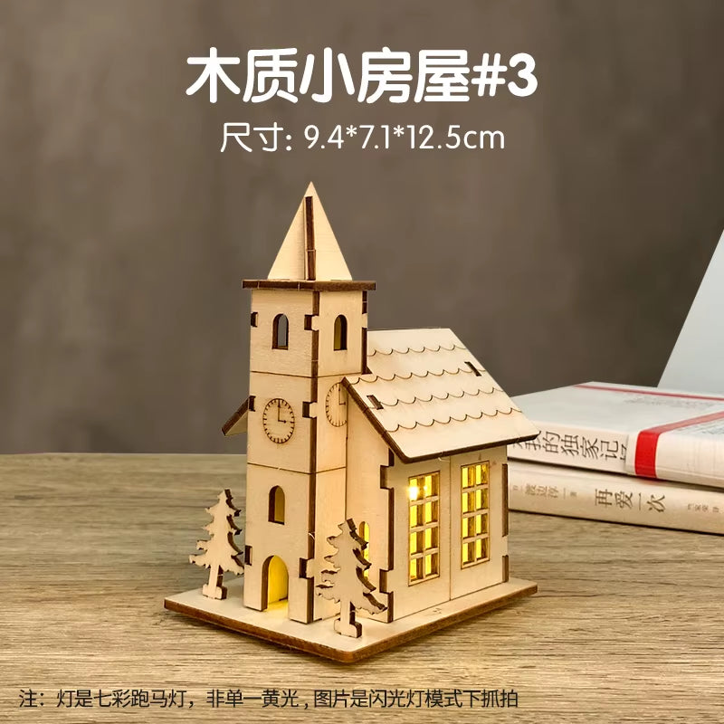 3D LED Light Wooden House Puzzle DIY Building Model Kit Jigsaw Toy for Kids Christmas Decorations