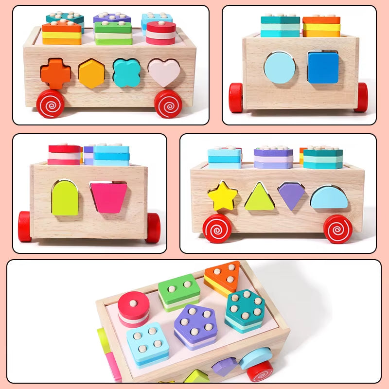 Wooden Shapes Sort Car Toys Montessori Early Education Puzzles Sorter Matching Blocks Box Game Holiday Gifts for Children