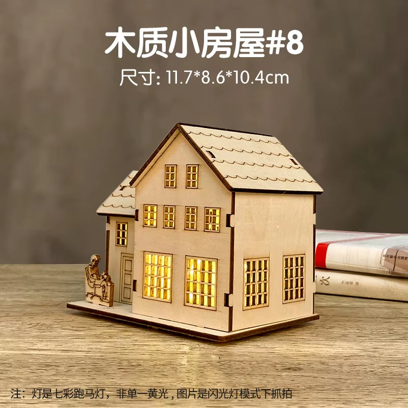 3D LED Light Wooden House Puzzle DIY Building Model Kit Jigsaw Toy for Kids Christmas Decorations