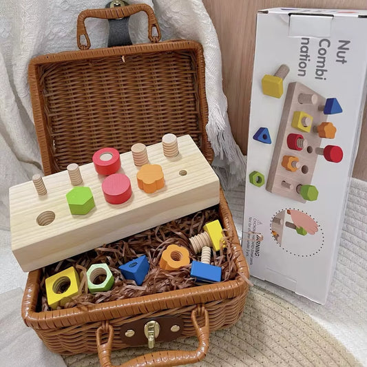Educational Wooden Nut and Bolt Toy Set for Kids - Color Shape Matching Fine Motor Skills Development Sensory Screw Board Game