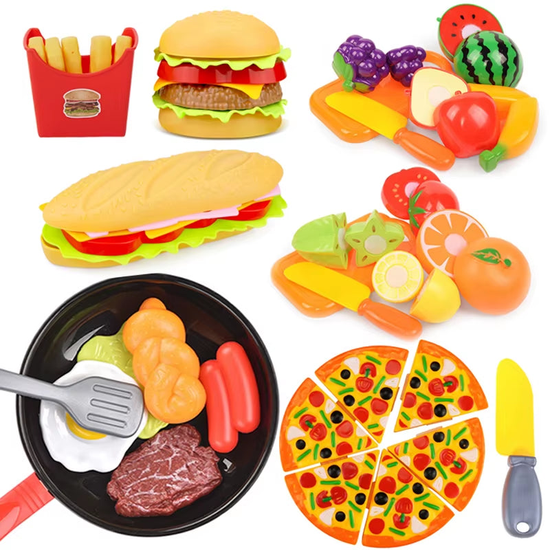 Kids Simulation Food Kitchen Toy Pretend Play Cooking Toys Cookware Pot Hamburger Hot Dog Fries Pizza Interactive Toys for Girls