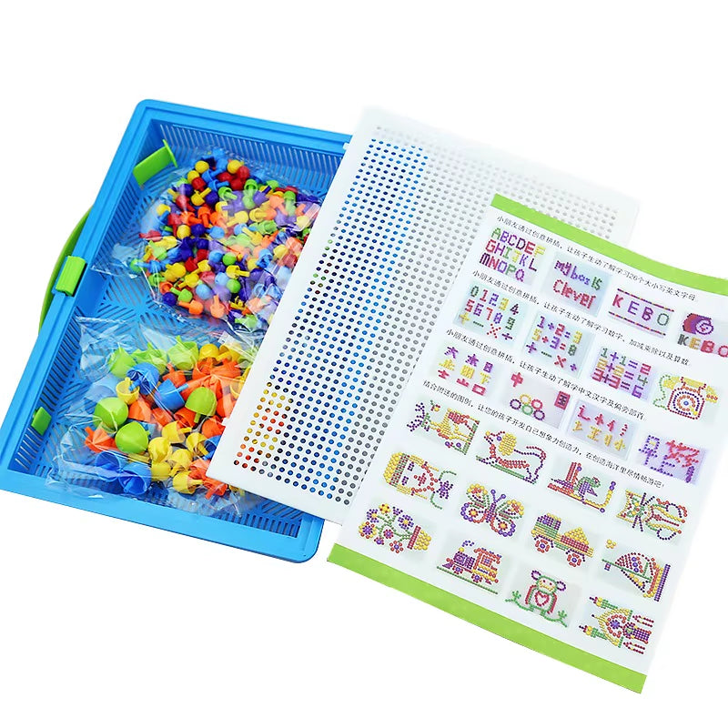 296 Pieces/Set Box-Packed Grain Mushroom Nail Beads Intelligent 3D Puzzle Games Jigsaw Board for Children Kids Educational Toys