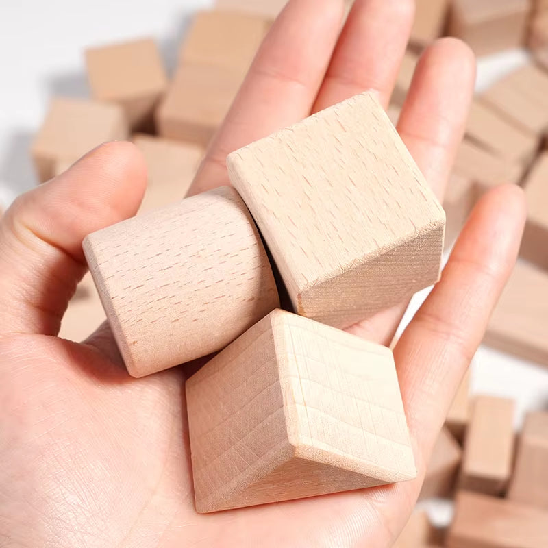 100Pcs Natural Wood Building Blocks for Toddlers Geometric Storage Bucket and Shape Sorter Lid Montessori Educational Toys