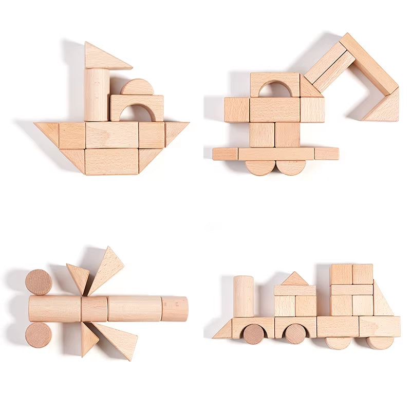 100Pcs Natural Wood Building Blocks for Toddlers Geometric Storage Bucket and Shape Sorter Lid Montessori Educational Toys