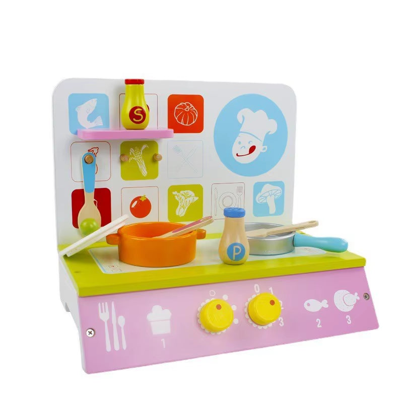 Kids Wooden Play Kitchen Set - Miniature Stove with Cutting Food Vegetables & Pots Pretend Play Toy