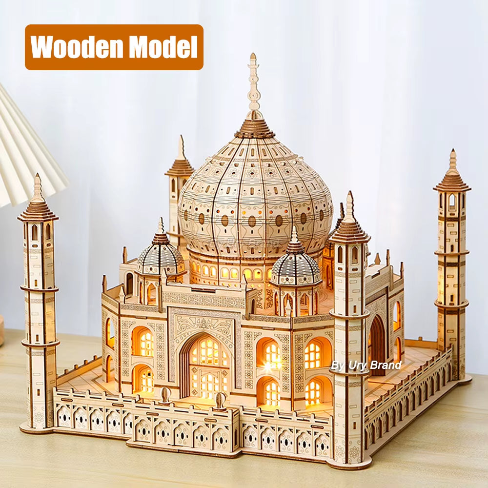 3D Wooden Puzzle House Royal Castle Taj Mahal with Light Assembly Toy for Kids Adult DIY Model Kits Desk Decoration for Gifts
