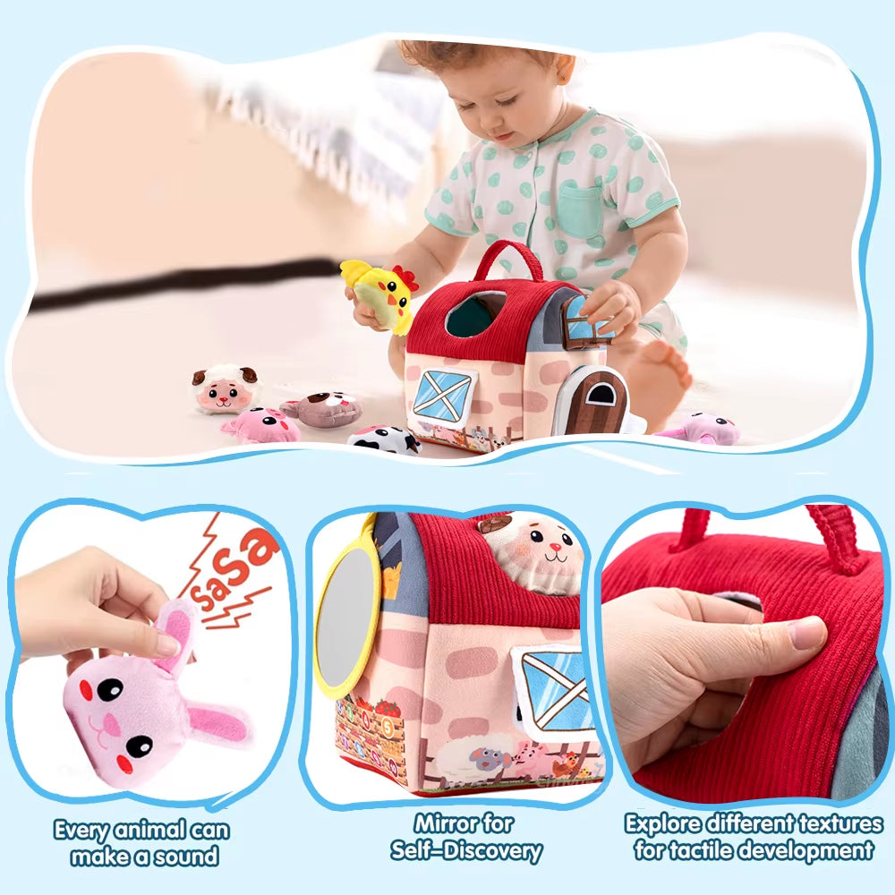 Plush Barn with Farm Animals Baby Toys Sensory Montessori Toy Portable Baby Farmhouse Toy for Infants Toddlers Newborn Gifts