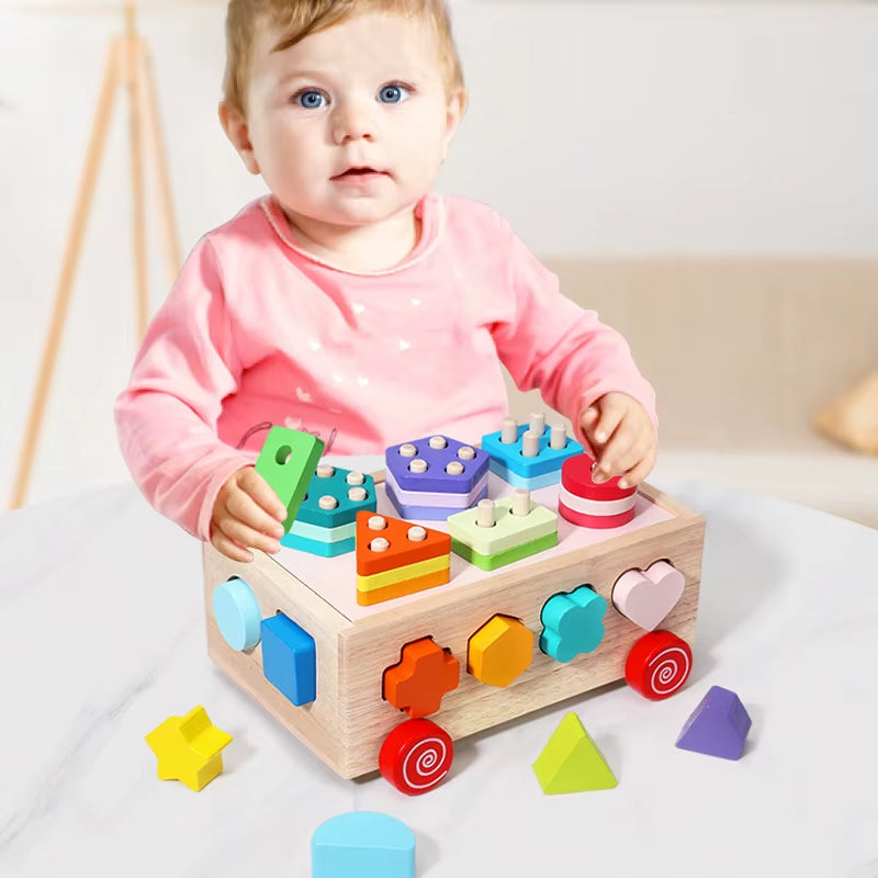 Wooden Shapes Sort Car Toys Montessori Early Education Puzzles Sorter Matching Blocks Box Game Holiday Gifts for Children