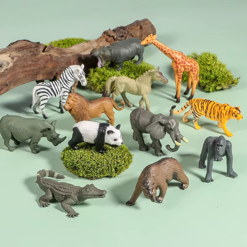 12Pcs Mini Small Wild Jungle Zoo Animal Model Elephant Giraffe Tiger Panda Lion Figures Collection Educational Toy for Kid Gift