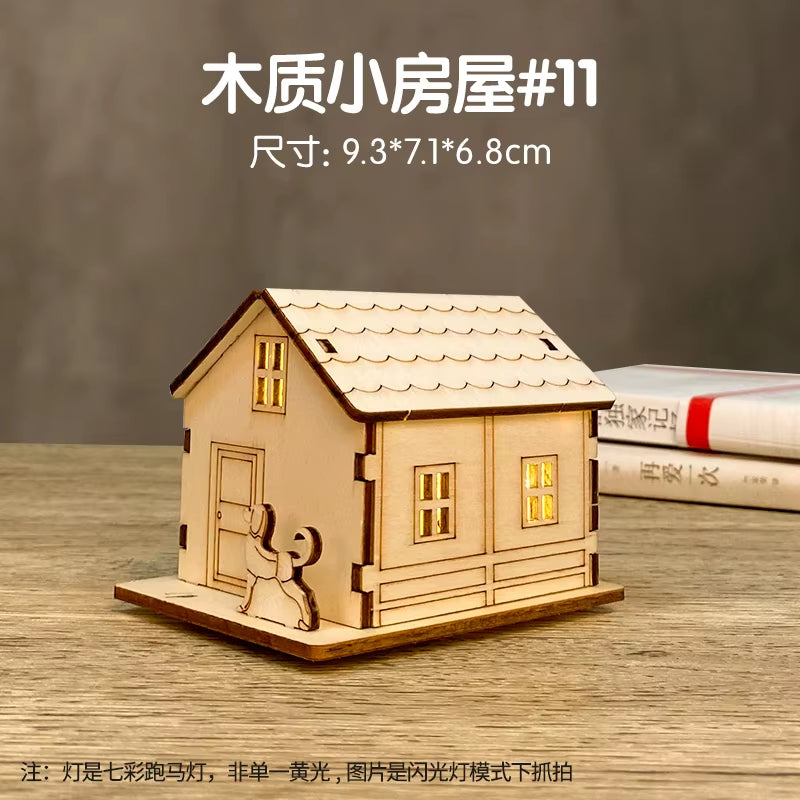 3D LED Light Wooden House Puzzle DIY Building Model Kit Jigsaw Toy for Kids Christmas Decorations