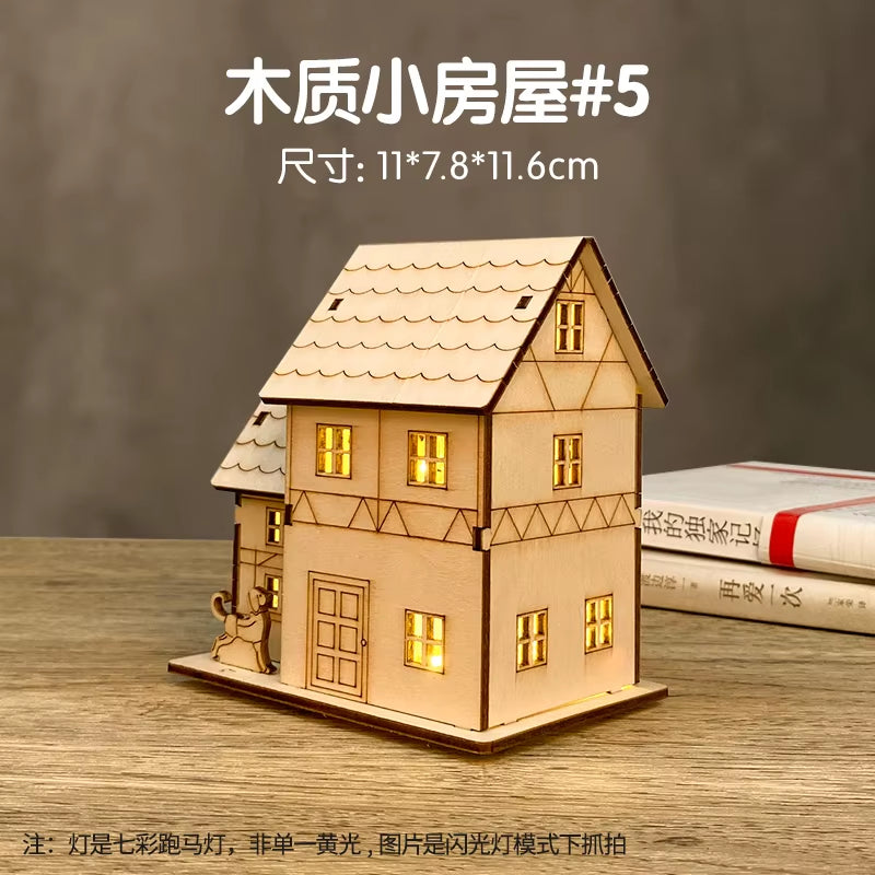 3D LED Light Wooden House Puzzle DIY Building Model Kit Jigsaw Toy for Kids Christmas Decorations