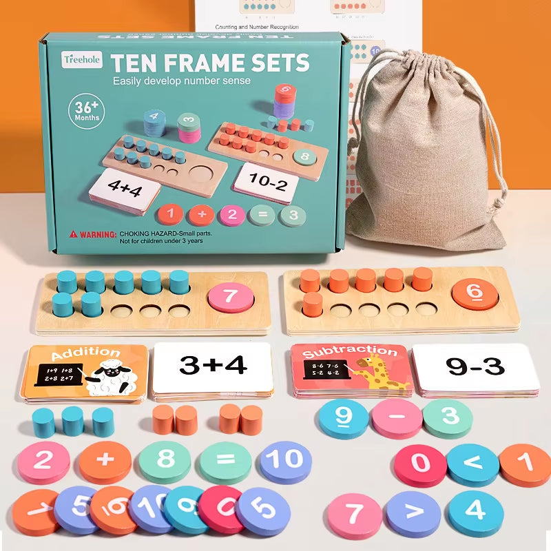Wooden Ten Frame Sets Toy, Learning Counting and Number, Addition and Subtraction, Mathematics Learning Toy