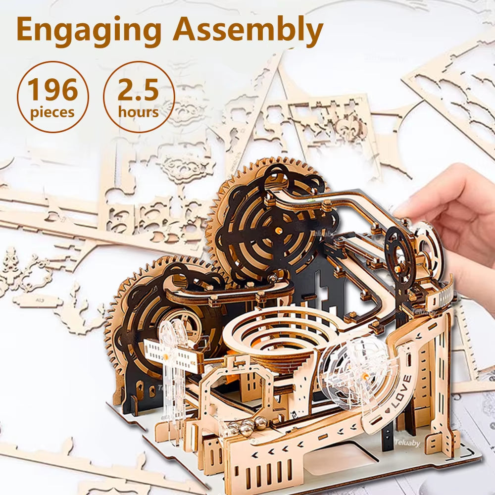 3D Wooden Puzzle Marble Run Set DIY Assemble Mechanical Model Building Kits STEAM Educational Toys for Adult Kids Birthday Gifts
