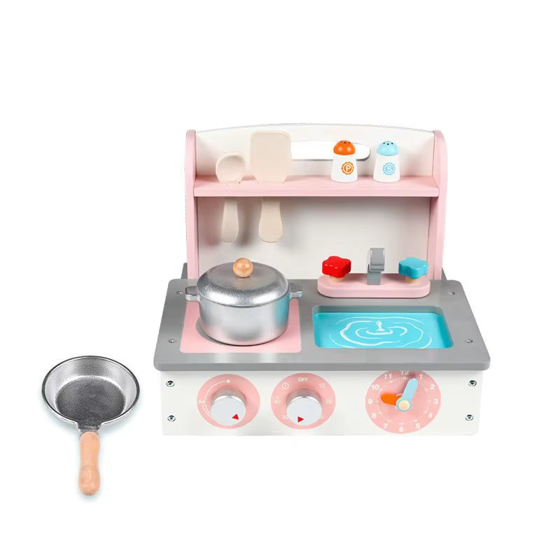 Kids Wooden Play Kitchen Set - Miniature Stove with Cutting Food Vegetables & Pots Pretend Play Toy