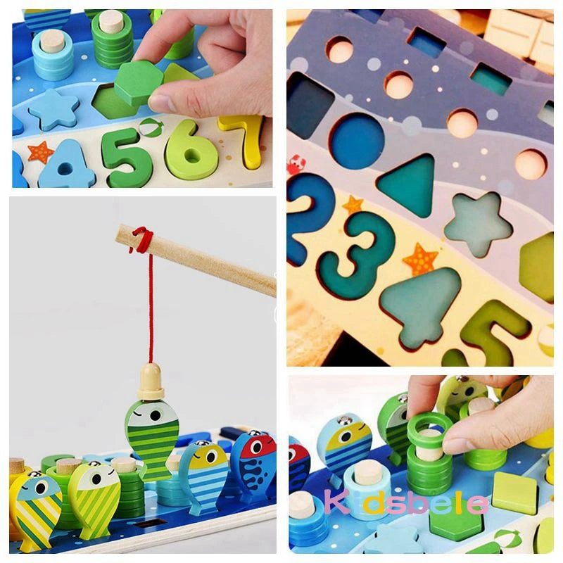 Kids Montessori Math Toys for Toddlers Educational Wooden Puzzle Fishing Toys Count Number Shape Matching Sorter Games Board Toy