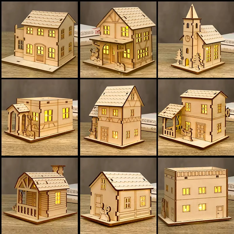 3D LED Light Wooden House Puzzle DIY Building Model Kit Jigsaw Toy for Kids Christmas Decorations