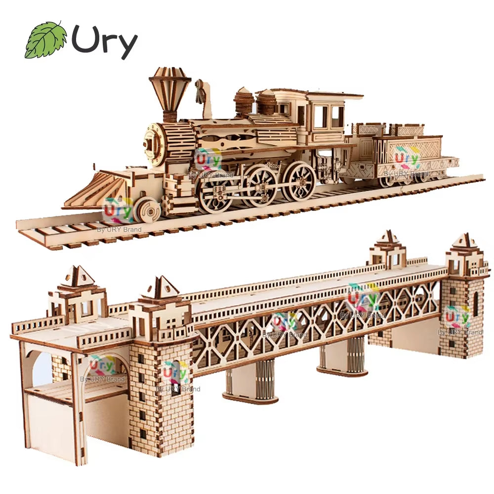 3D Wooden Puzzle Retro Steam Train with Track Railway Bridge Handmade Assembly Truck Model DIY Toys Decoration Gift for Kids
