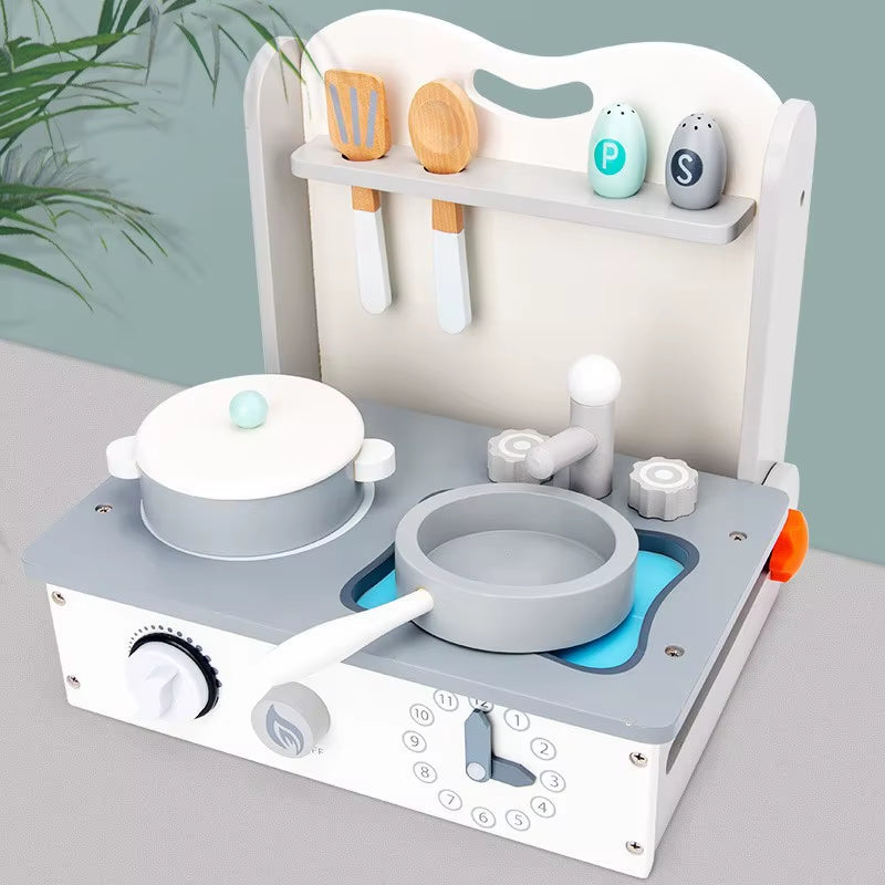 Kids Wooden Play Kitchen Set - Miniature Stove with Cutting Food Vegetables & Pots Pretend Play Toy