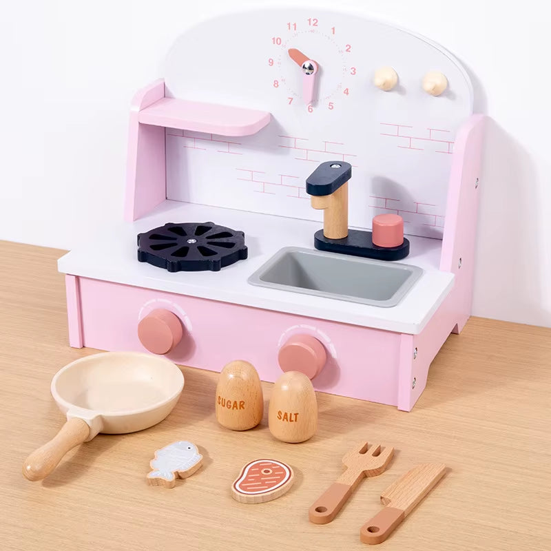 Kids Wooden Play Kitchen Set - Miniature Stove with Cutting Food Vegetables & Pots Pretend Play Toy