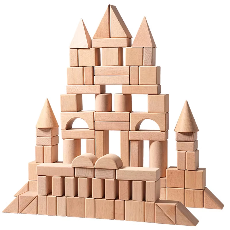 100Pcs Natural Wood Building Blocks for Toddlers Geometric Storage Bucket and Shape Sorter Lid Montessori Educational Toys