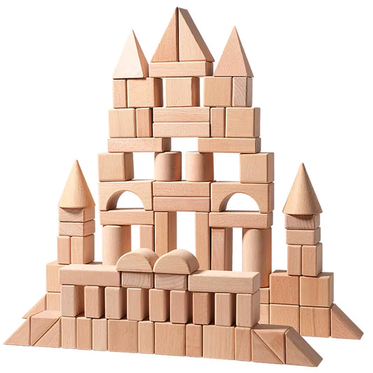 100Pcs Natural Wood Building Blocks for Toddlers Geometric Storage Bucket and Shape Sorter Lid Montessori Educational Toys