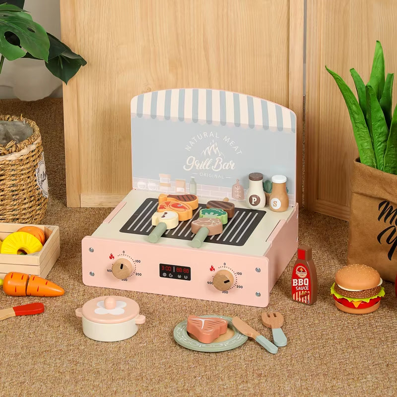 Kids Wooden Play Kitchen Set - Miniature Stove with Cutting Food Vegetables & Pots Pretend Play Toy