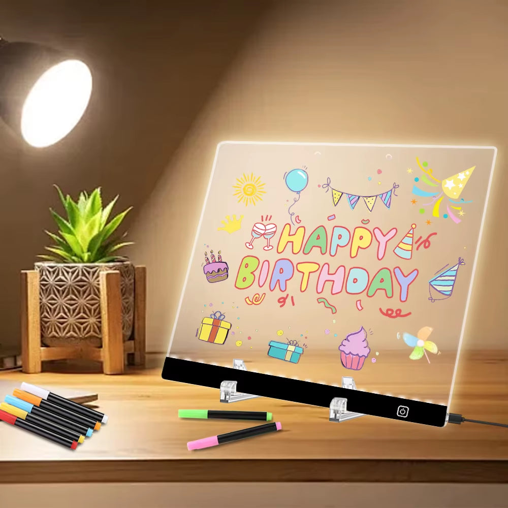 13.77"X9.84" - Acrylic Clear Light up Drawing Board , Glow Erasable Memo LED Magic Board , with 7 Color Markers Pen and Stand