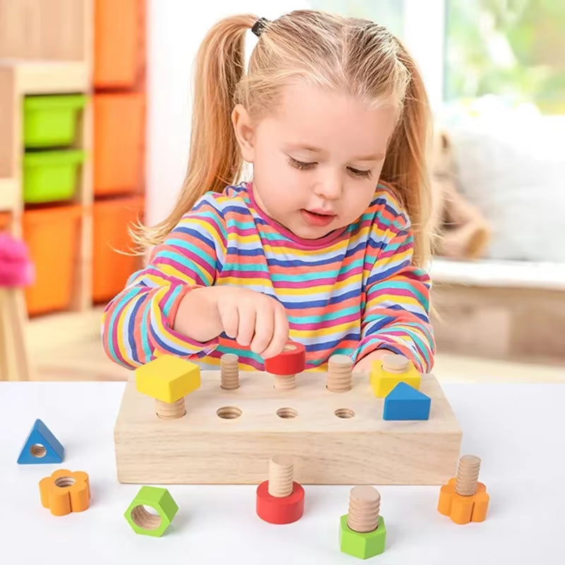Educational Wooden Nut and Bolt Toy Set for Kids - Color Shape Matching Fine Motor Skills Development Sensory Screw Board Game