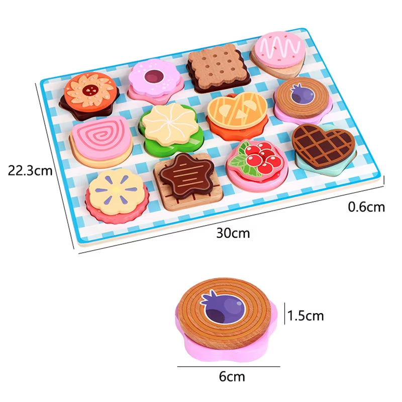 Wooden Dessert Puzzle Toy Set - Colorful Cookie and Pastry Matching Toy Toddler Shape Recognition and Fine Motor Skills