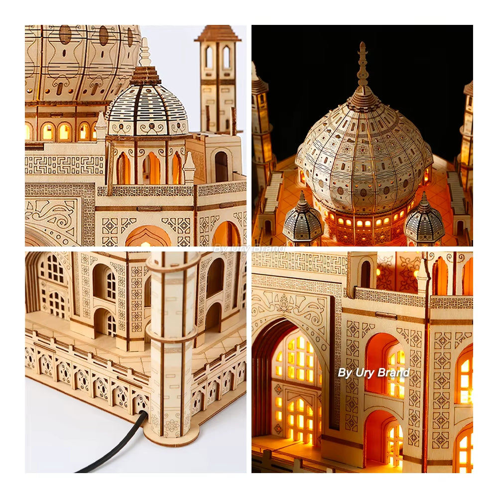 3D Wooden Puzzle House Royal Castle Taj Mahal with Light Assembly Toy for Kids Adult DIY Model Kits Desk Decoration for Gifts