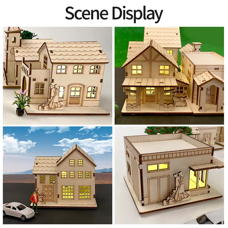 3D LED Light Wooden House Puzzle DIY Building Model Kit Jigsaw Toy for Kids Christmas Decorations