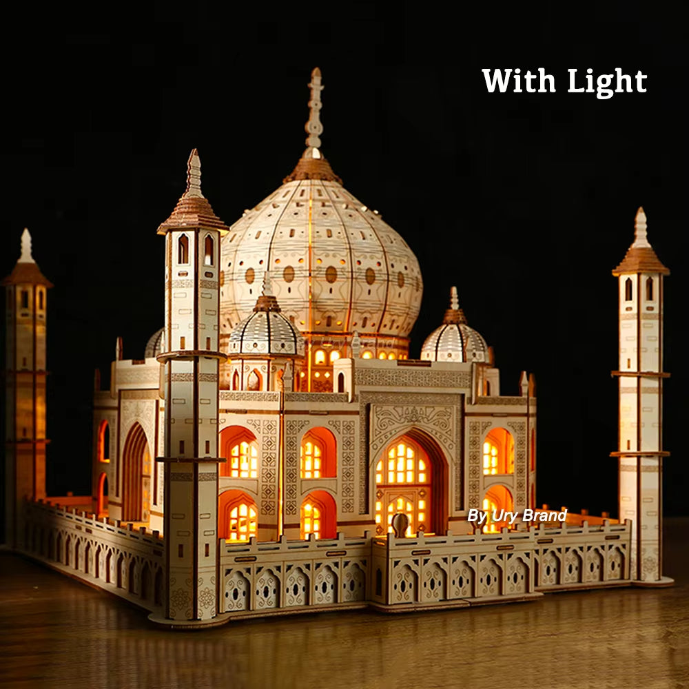 3D Wooden Puzzle House Royal Castle Taj Mahal with Light Assembly Toy for Kids Adult DIY Model Kits Desk Decoration for Gifts