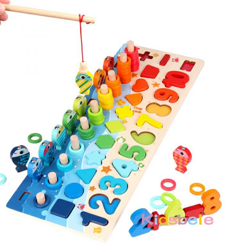 Kids Montessori Math Toys for Toddlers Educational Wooden Puzzle Fishing Toys Count Number Shape Matching Sorter Games Board Toy