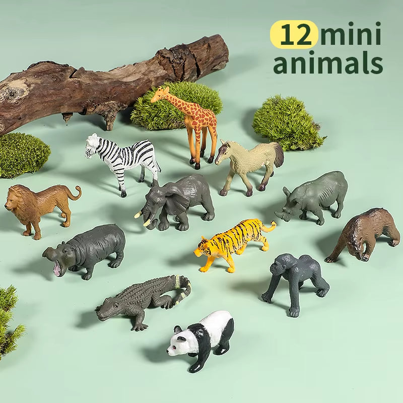 12Pcs Mini Small Wild Jungle Zoo Animal Model Elephant Giraffe Tiger Panda Lion Figures Collection Educational Toy for Kid Gift