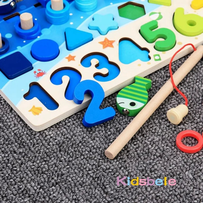 Kids Montessori Math Toys for Toddlers Educational Wooden Puzzle Fishing Toys Count Number Shape Matching Sorter Games Board Toy